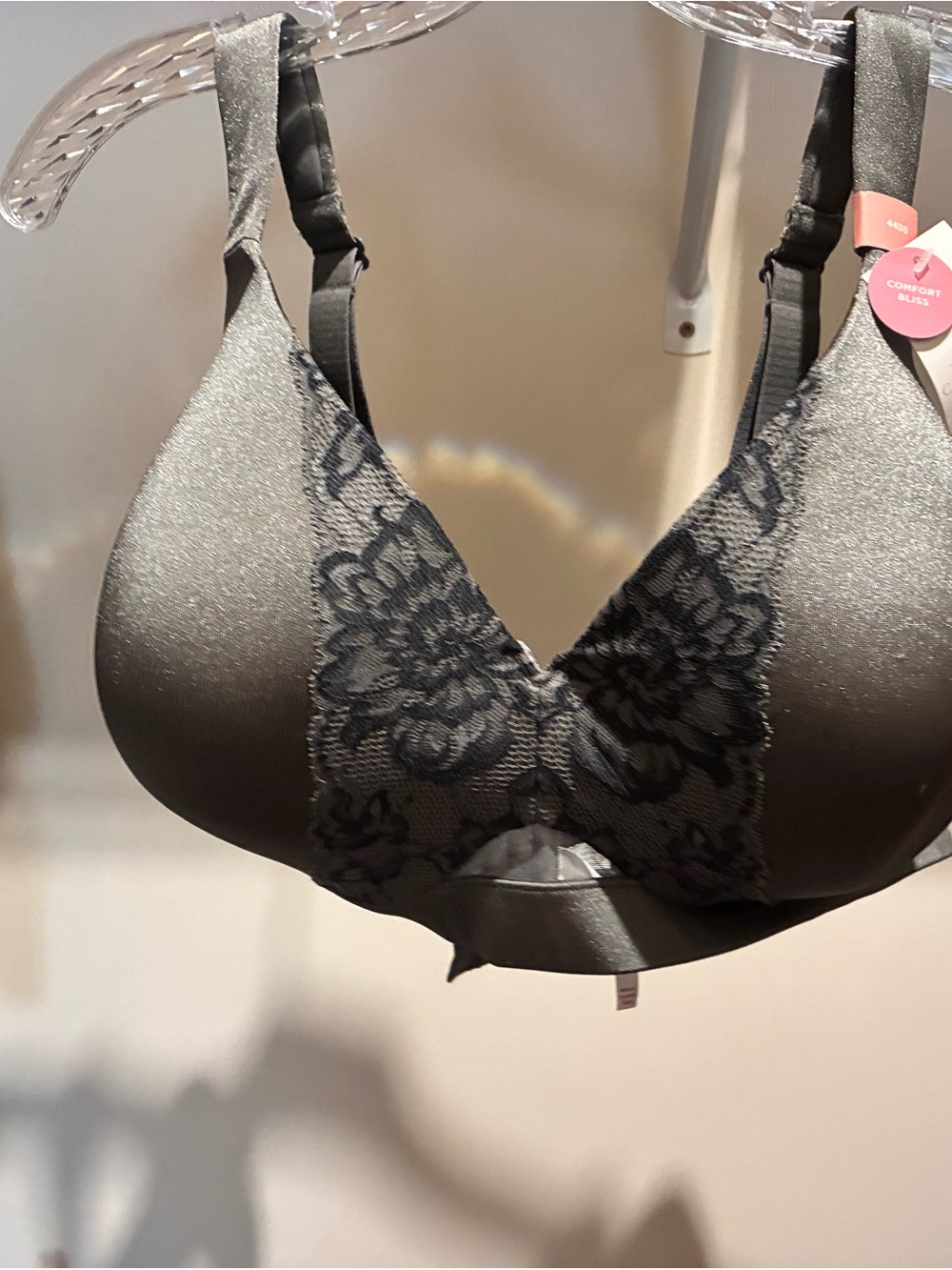 Cacique Lace-Accent Wireless Bra in Charcoal Gray